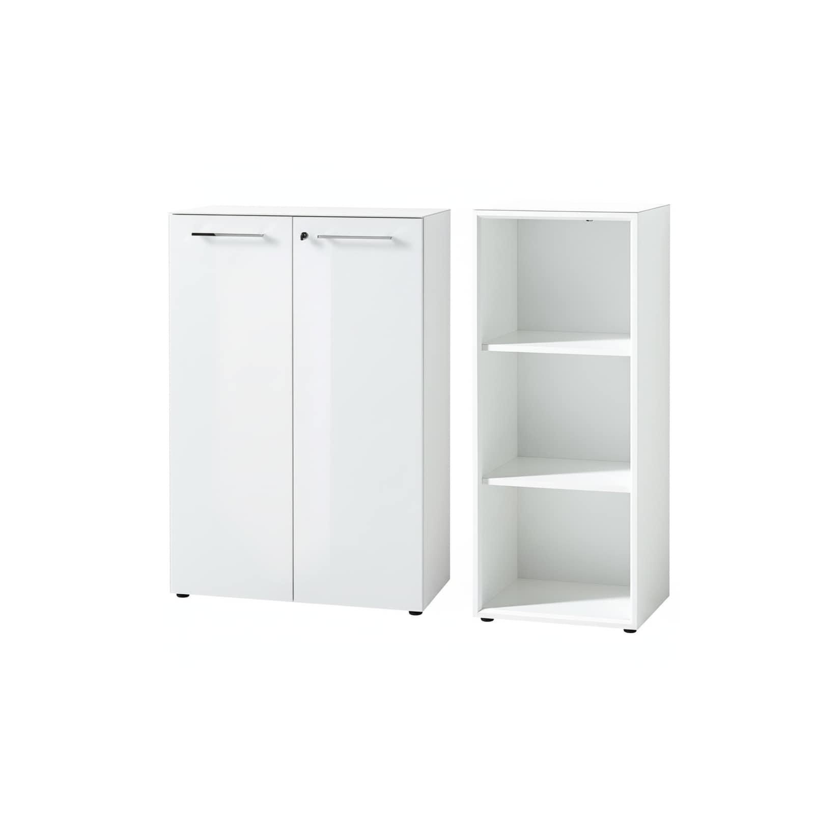 Büro-Set MUENCHEN 2-teilig Weiß 120cm hoch Kommode x Regal Glas Front & Abschließbar