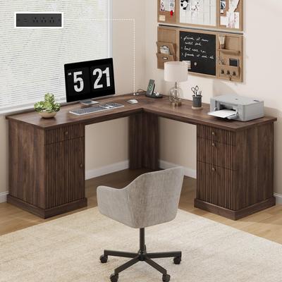 "Garvee 60"" Fluted L Shaped Desk with File Drawer, Corner Computer Desk with Storage, Charging Station, Adjustable Shelf"
