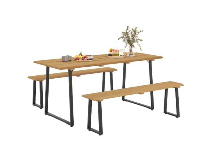 Outsunny Sitzgruppe 3-Teilig für 6 Personen mit Schirmloch Naturholz Holz Essgruppe, Esstisch und 2 Bänke, Esszimmergruppe, Holztisch, Küchentisch-Set, Gartenmöbel für Balkon Terrasse