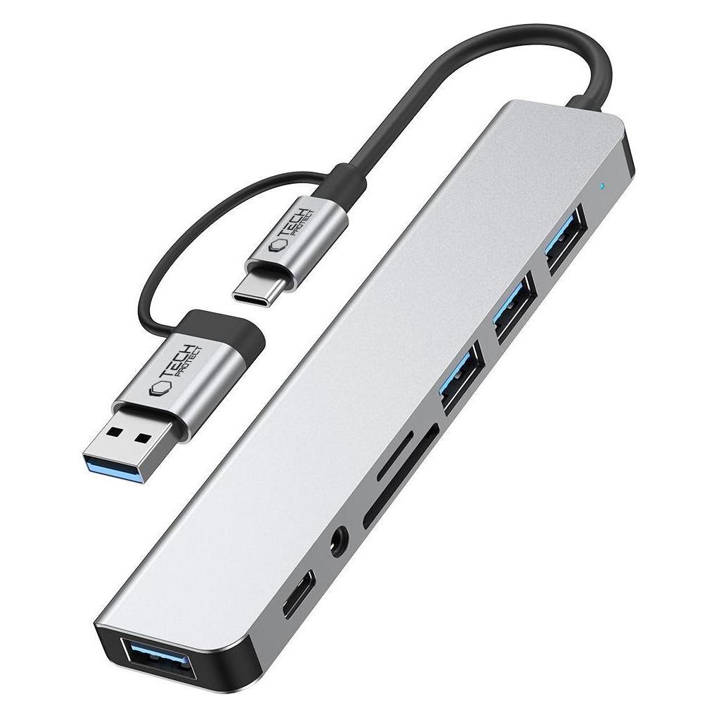 Tech-Protect HB06 HUB Adapter 8in1 TYPE-C + USB2.0 + USB3.0 + SD/TF + AV3.5 - gray (8 Ports) (27300-0)