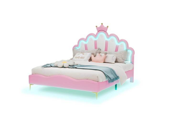 Polsterbett 140x200 cm, Rosa, mit Lattenrost, LED-Beleuchtung, Mode, 140x200 cm, Schlafzimmer, Betten, Polsterbetten