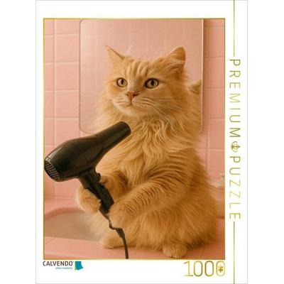 CALVENDO Puzzle Katze am Frisieren und Fönen | 1000 Teile Lege-Größe 64x48cm Foto-Puzzle für glückliche Stunden