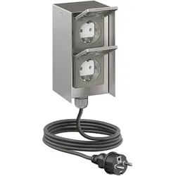 ledscom.de Außensteckdose 2-fach STEDDA und 5m Kabel, IP44, Edelstahl edelstahl senkrecht, Steckdosen für Garten, Terrasse und Außenbereich