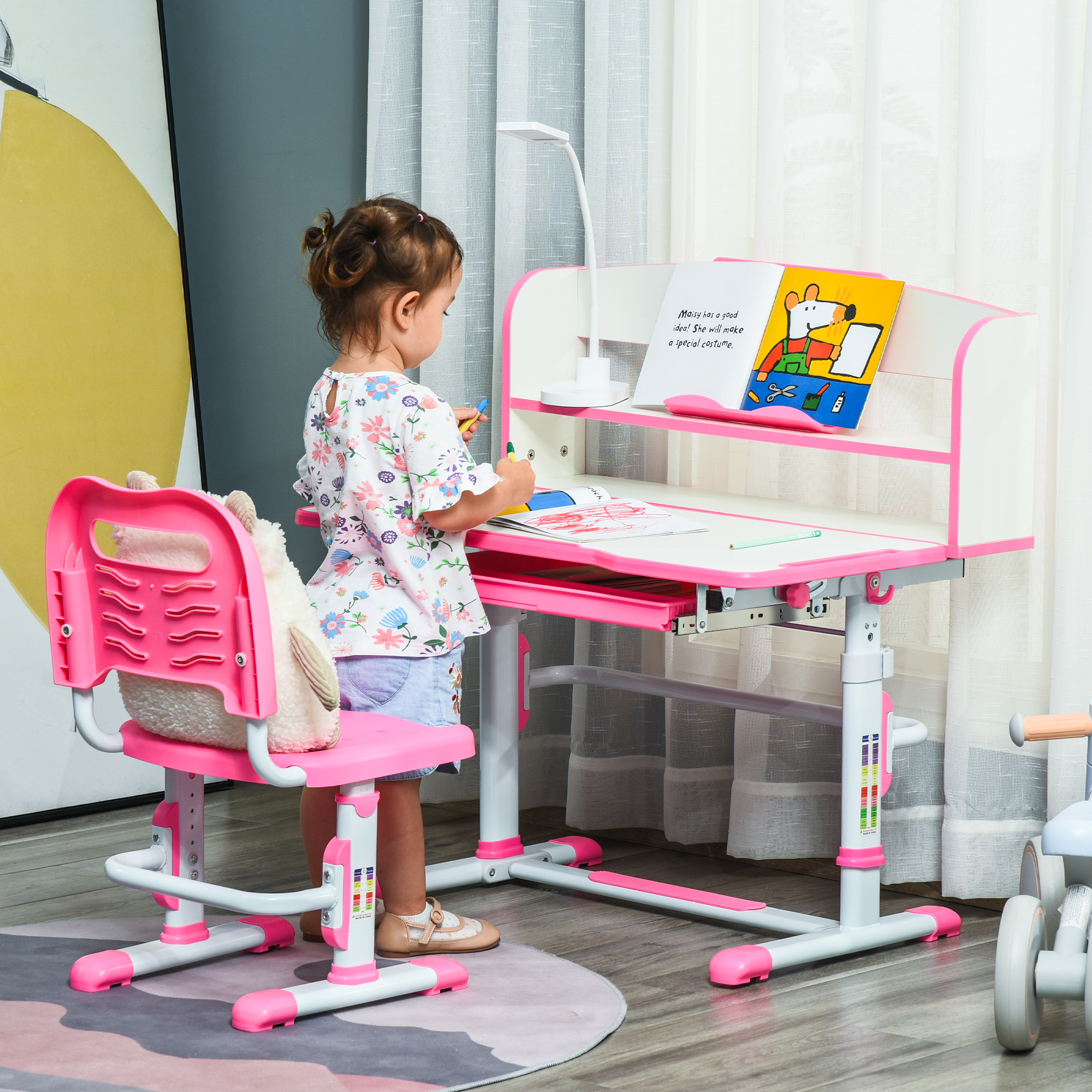 Homcom Banco Scuola per Bambini 6-12 Anni Regolabile con Luce LED, Leggio e Portapenne, in MDF, PP e Acciaio, Rosa