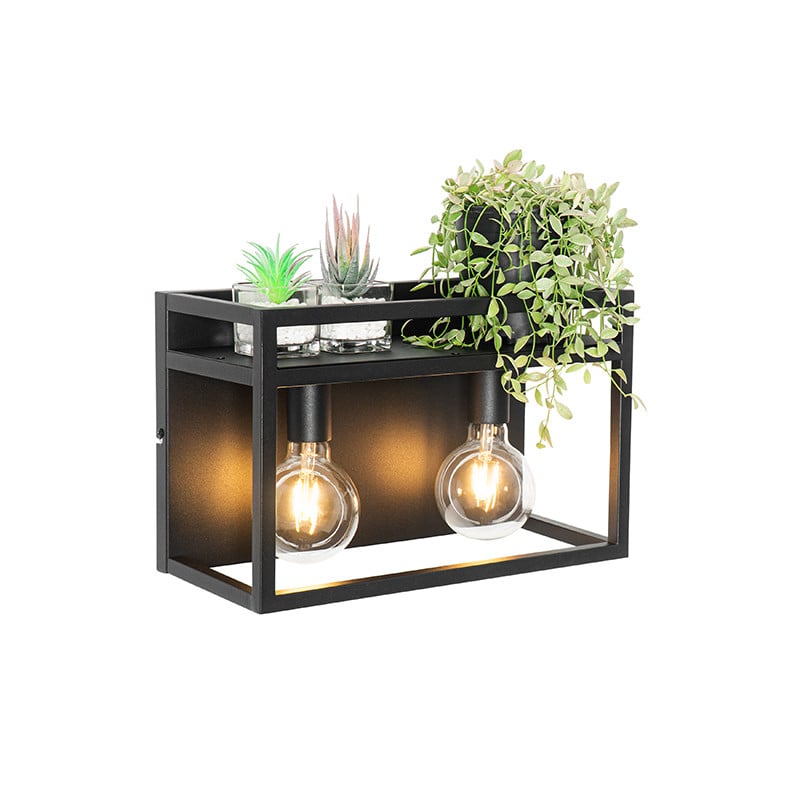 Qazqa Cage Rack Industriële Wandlamp met Rek, Zwart, 2-lichts, Dimbaar