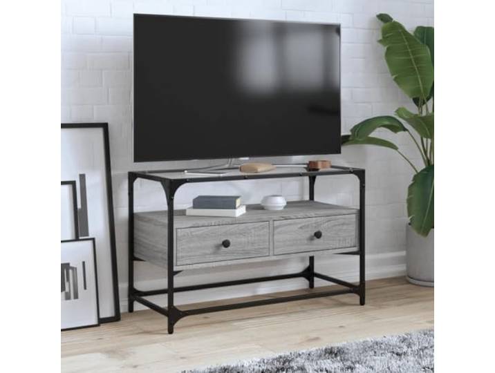 HEFZGDB TV-Schrank mit Glasplatte Grau Sonoma 80x35x51 cm Holzwerkstoff Metallrahmen Industriestil Stauraum Schubladen Wohnzimmer Beistellschrank