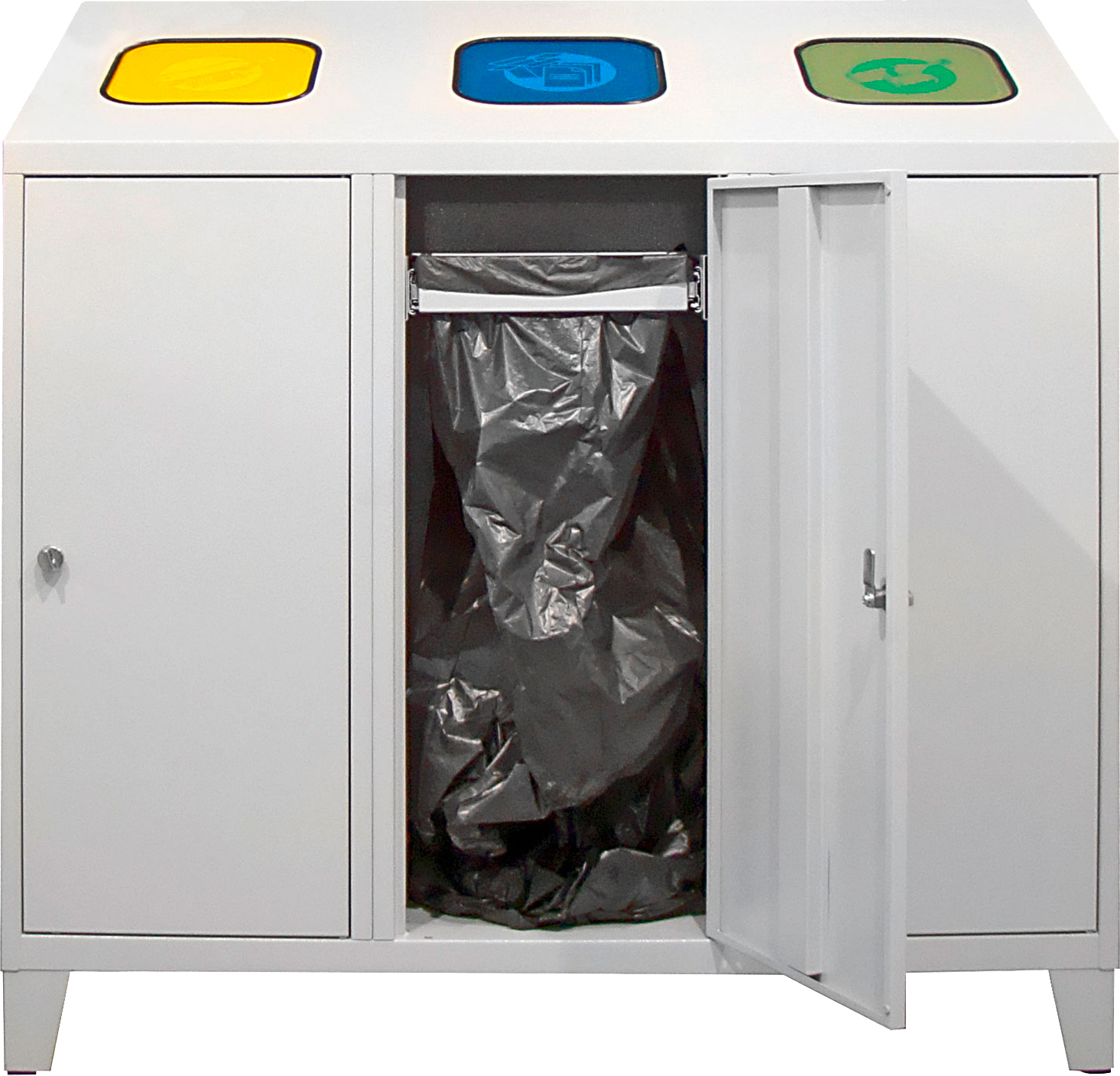 Recycling-Abfallsammler mit Abfallsackhalterung Trio | HxBxT 122x120x45cm | 3x 120 Liter | Lichtgrau