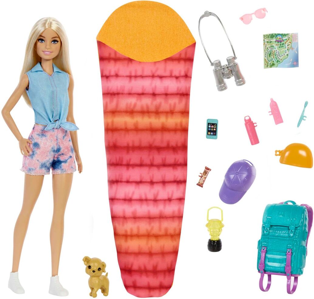 Barbie Muñeca con mochila, saco de dormir y accesorios Surtido de camping .