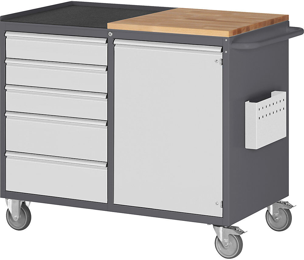 Kompaktwerkbänke, fahrbar, 5 Schubladen, 1 Tür, Arbeitsfläche Holz / Metall, anthrazit / lichtgrau RAU