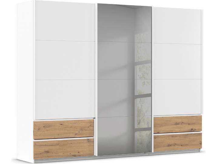 Schwebetürenschrank RAUCH Kleiderschrank Schrank Garderobe ELARA Glastür/Grauspiegel , weiss (alpinweiß, eiche artisan, grauspiegel), B:271cm H:210cm T:62cm, Holzwerkstoff, Schränke, Schwebetürenschrank, praktische Schubladen optional farblich abgesetzt MADE IN GERMANY