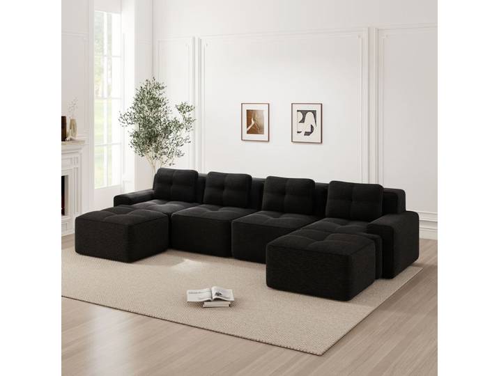 Canapé modulable en velours côtelé noir assise profonde sans montage
