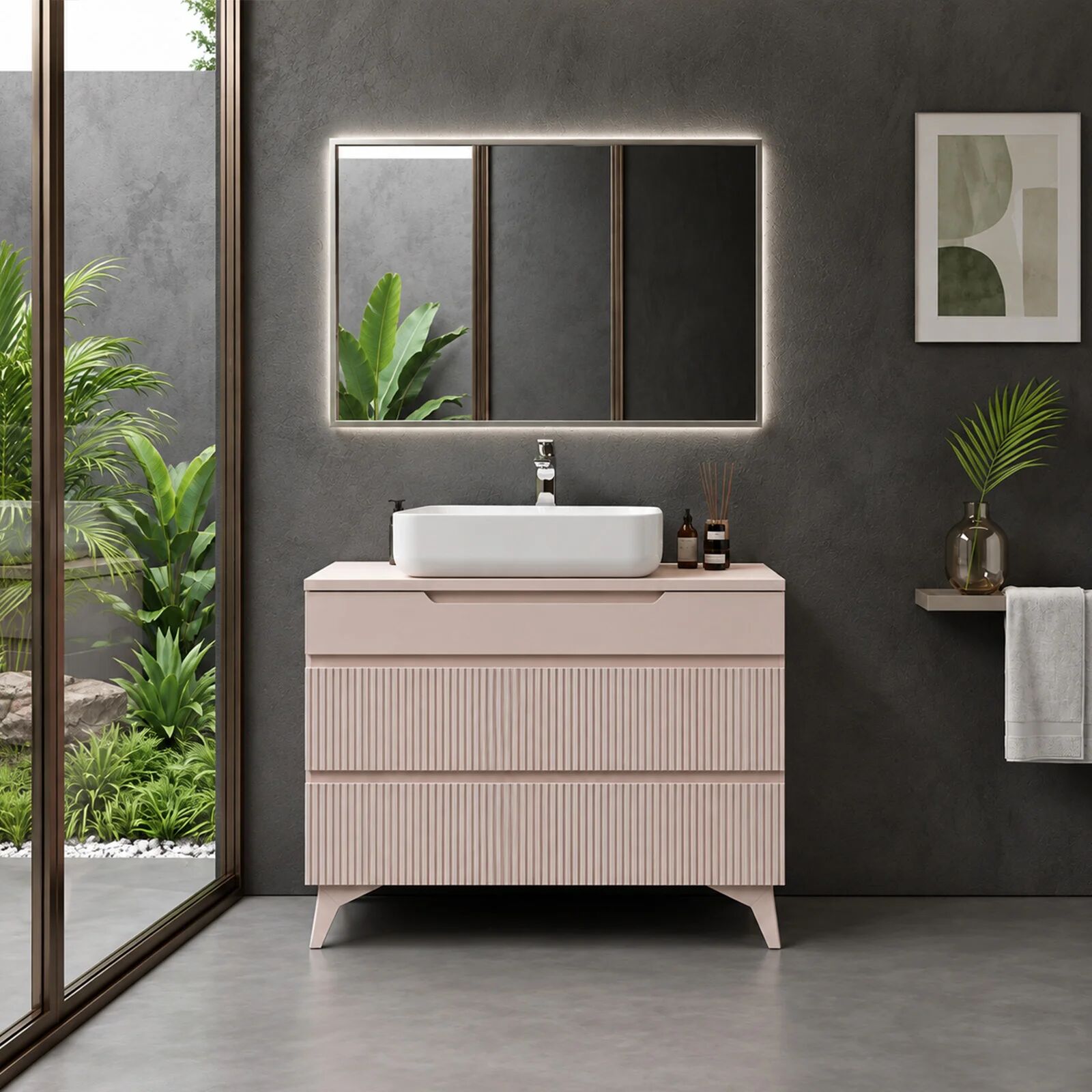 garneroarredamenti Mobile bagno a terra 100cm cannettato 3 cassetti beige cashmere Broadway