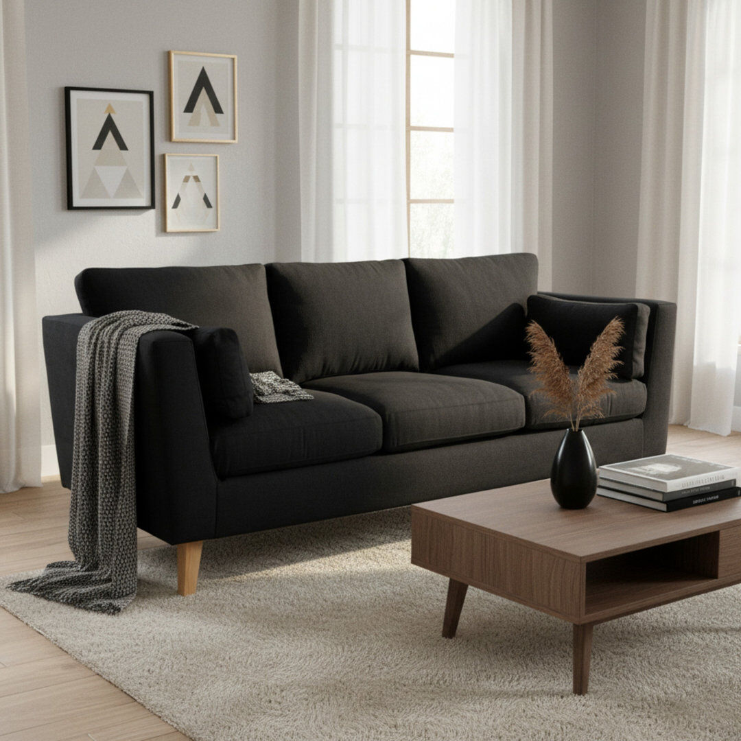 East Urban Home Aida 3 Seater Sofa Black 90cm H X 206cm W X 89cm D