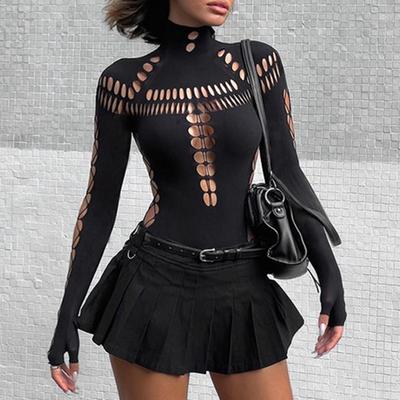 On Spot Shop Gothic Punk Streetwear Bodysuit, Sexy Hollow Out High Collar, Bodycon Long Sleeves T Shirt For Women black s