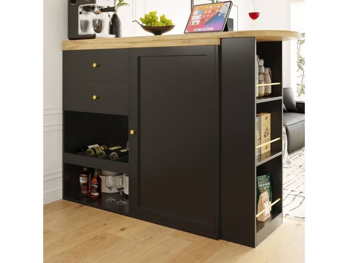 Meuble bar rotatif noir effet bois en MDF avec rangements ouverts tiroirs et porte