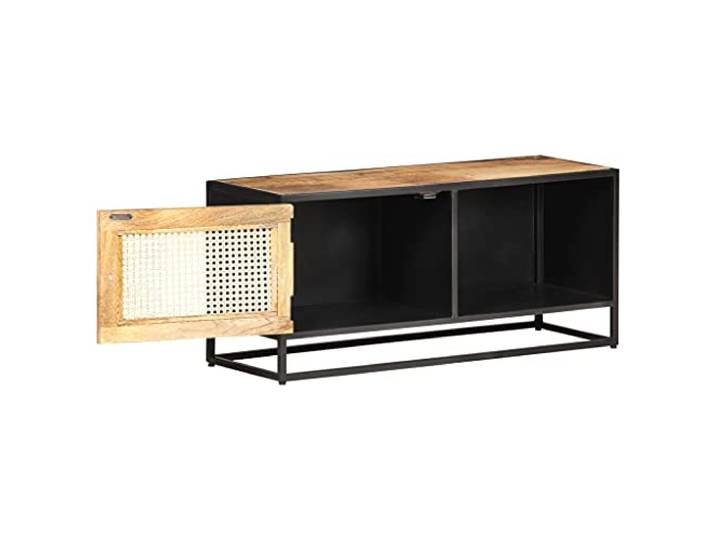 KGHERMDF TV-Schrank 90x30x40 cm Raues Mangoholz Massives Tropenholz, Eisenrahmen, Wiener Geflecht, Stauraum, Unikat