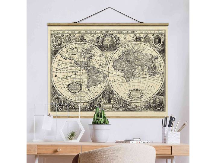 home24 Wandkleed Wereldkaart Antiek geweven stof beige/zwart 50 x 38cm