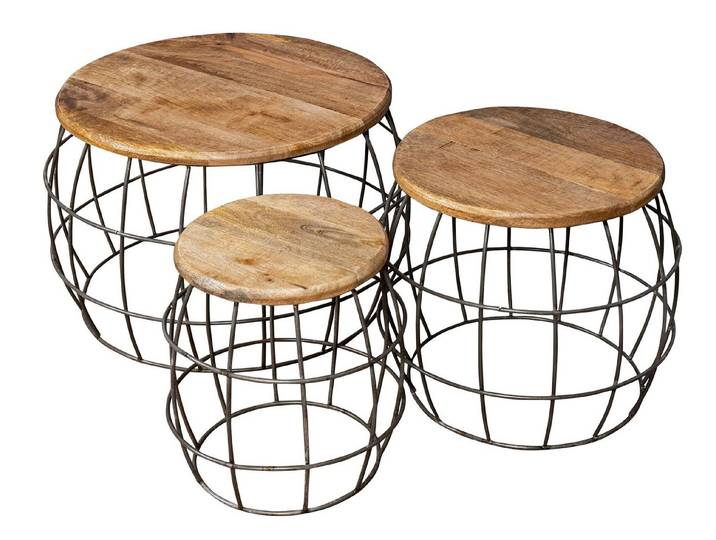Levandeo® Couchtisch, 3er Set Couchtische Mango Rund Natur Eisen Metall Design Holz