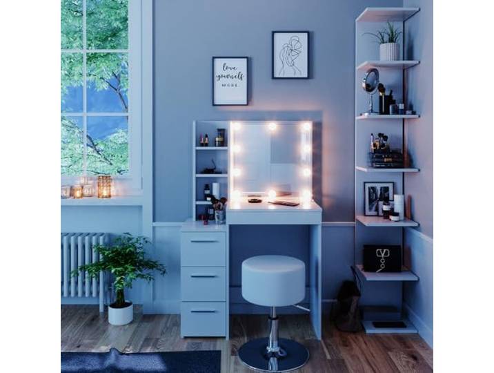 Vicco Schminktisch Meryl , Weiß 80 cm Spiegel mit LED-Lichterkette · Hocker · 4 Schubladen · Freistehend · Offene Ablagefächer