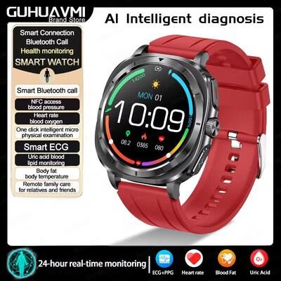 Inspired Finds 2025 Smart Health Watch For Men And Women ECG + PPG, Uric Acid Monitor, Blood Pressure, Blood Oxygen & Body Fat Analys red