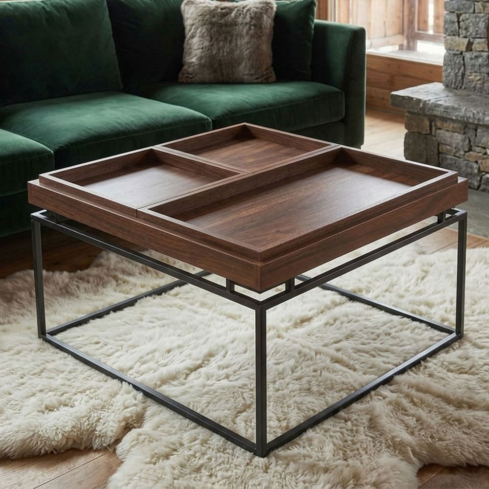 Menzzo Table basse carrée avec plateau compartimenté réversible 80x80cm bois Marron 80x45x80cm