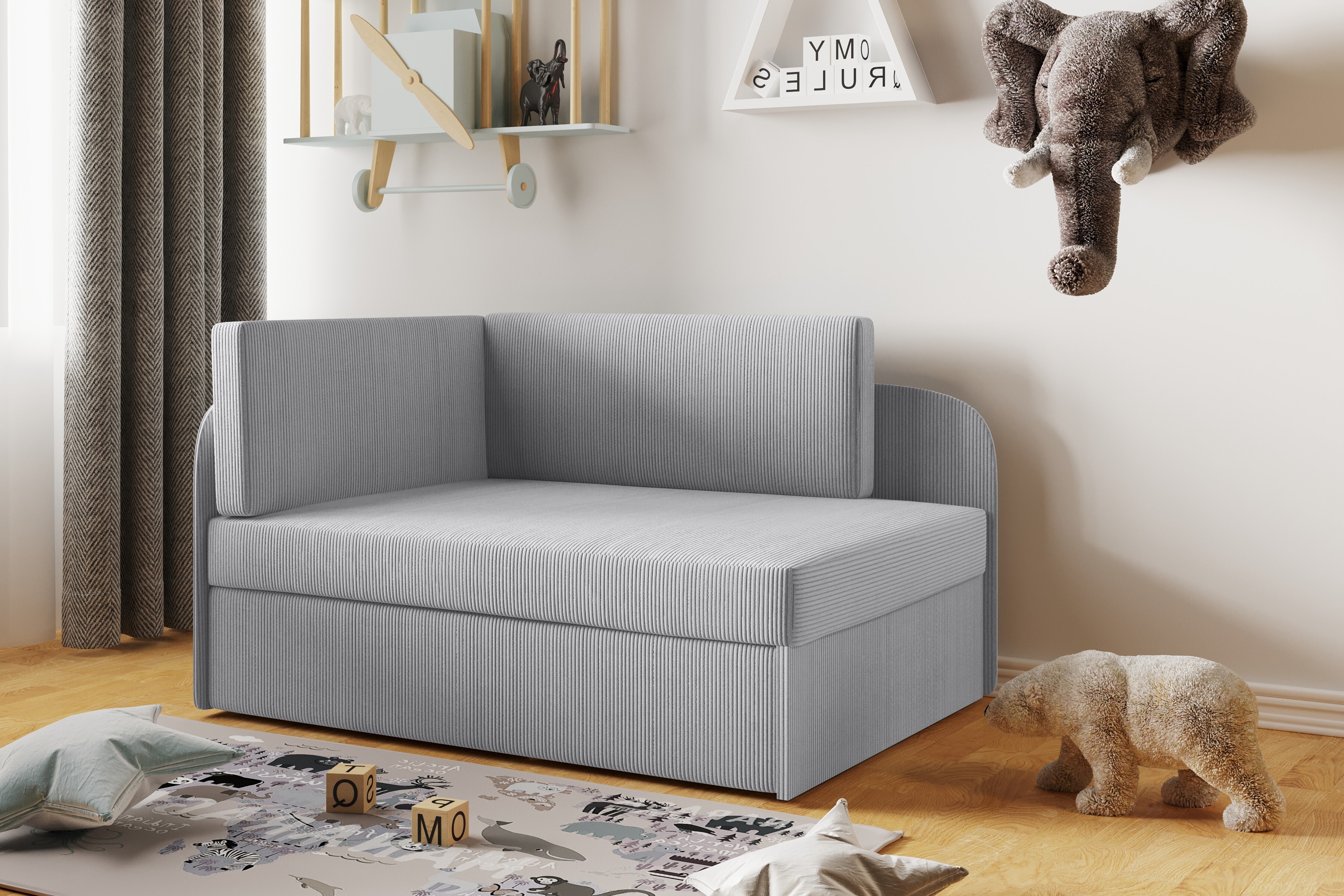 Kaiser Möbel Kinderbett Kindersofa mit schlaffinktion und bettkasten BETTY wachsendes Bett Links Grau