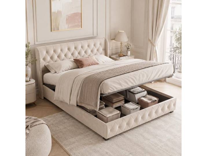 Lit coffre 140x190 cm avec sommier Lit double 140x190 rembourré avce rangement Tête de lit ornée de rivets Velours beige