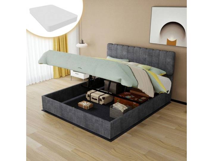 Lit Double rembourré gris 160x200 design minimaliste tête douce sommier coffre haut multifonction 160x200 inclus Avec Matelas