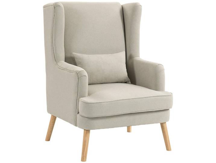 Homcom Ohrensessel Leinen, Gummiholz Beige, Textil, Teilmassiv,Kautschukholz, Füllung: Schaumstoff,Schaumstoff,Schaumstoff, eckig, 77x110x77 cm, Wohnzimmer, Sessel, Ohrensessel