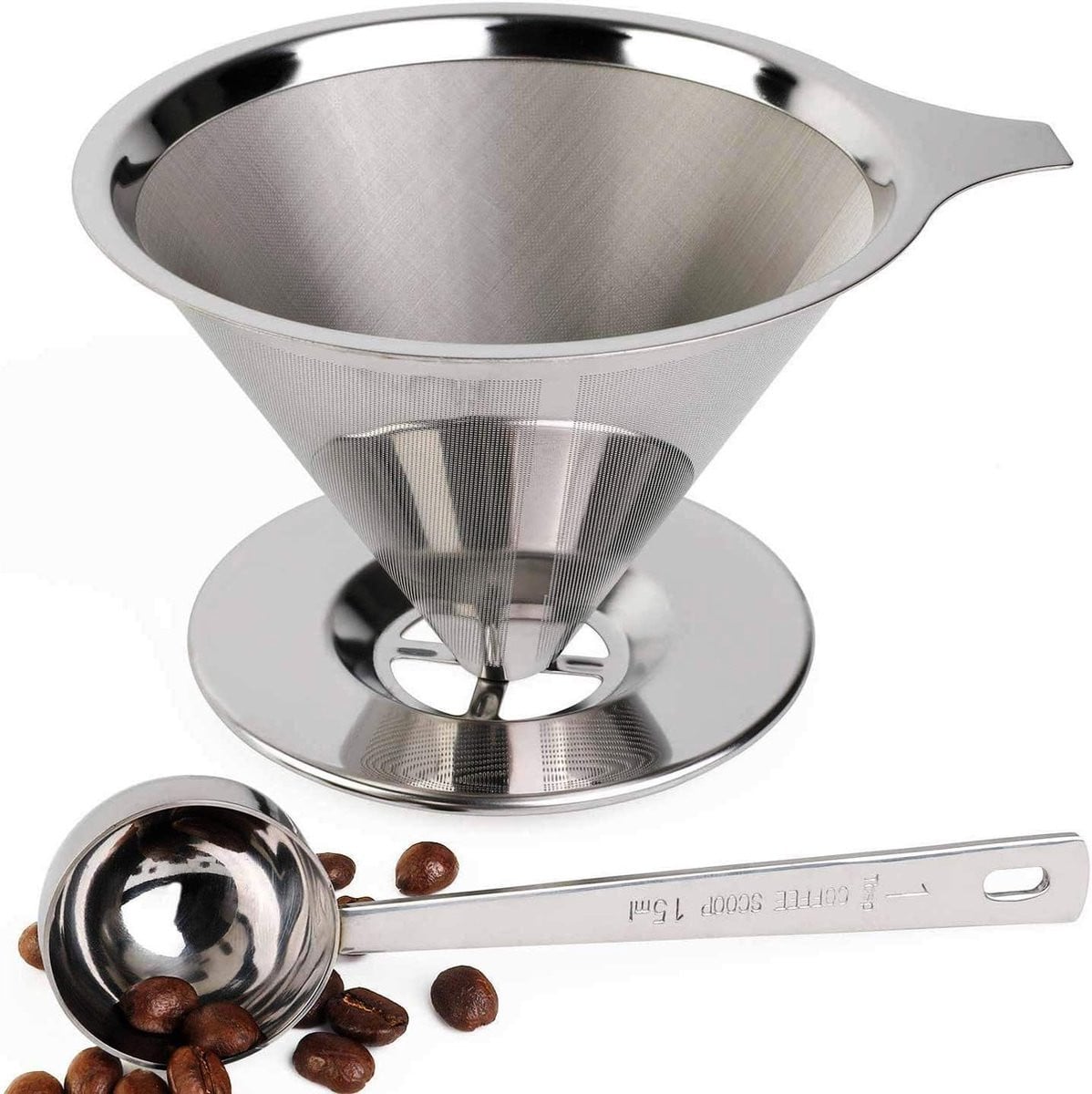 Herbruikbaar koffiefilter van roestvrij staal met fijnmazig zeef en handvatten, zilver