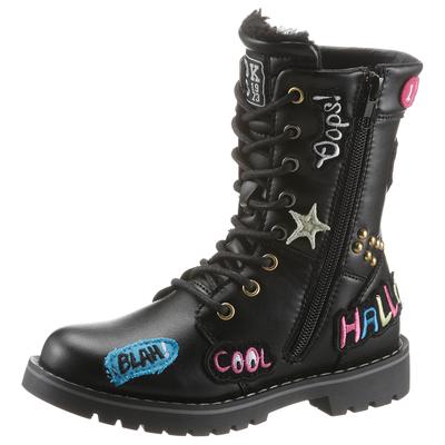 Schnürstiefel DOCKERS BY GERLI, Mädchen, Gr. 35, schwarz, Lederimitat, Schuhe Schnürstiefel, Boots mit bunten Patches