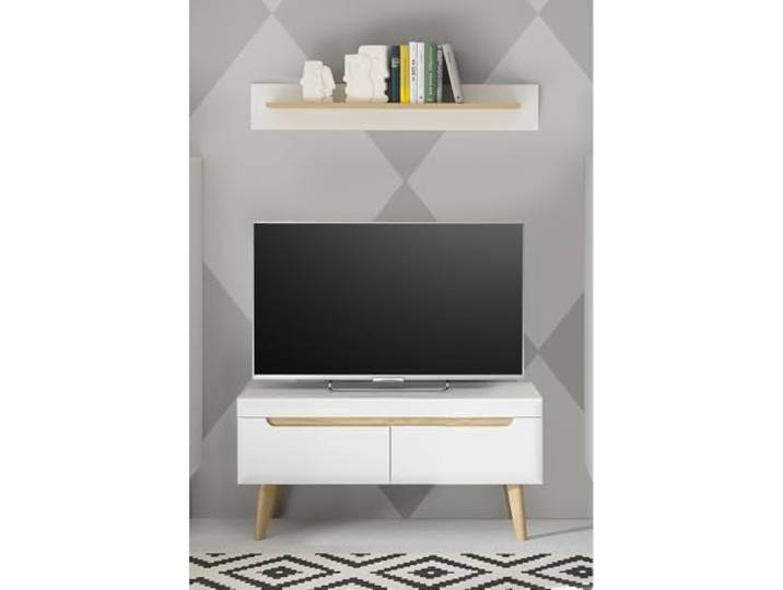 Wohnzimmer TV-Lowboard und Wandboard in Weiß Matt mit Eiche, 2-teilig