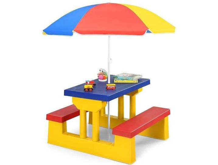 GIANTEX Ensemble Table de Jardin et 2 Bancs avec Parasol Amovible pour 4 Enfants Salon de Jardin/Table Pique-Nique