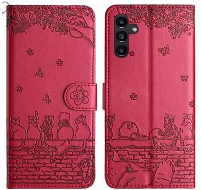 Inspired Deals Cute Cat Embossed Wallet Phone Case For Samsung Galaxy With Card Holder And Lanyard For Samsung Galaxy A35 red