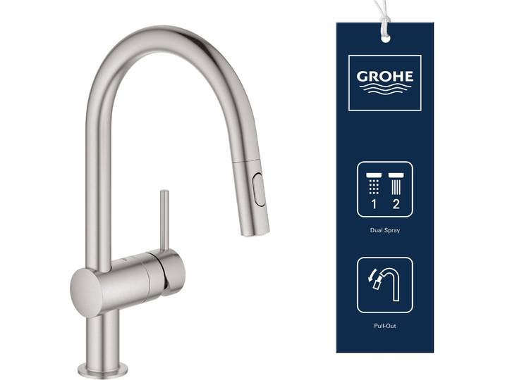 GROHE Minta keukenkraan - hoge draaibare C-uitloop - met uittrekbare handdouche - 2 straalstanden - RVS (supersteel) - 32321DC2