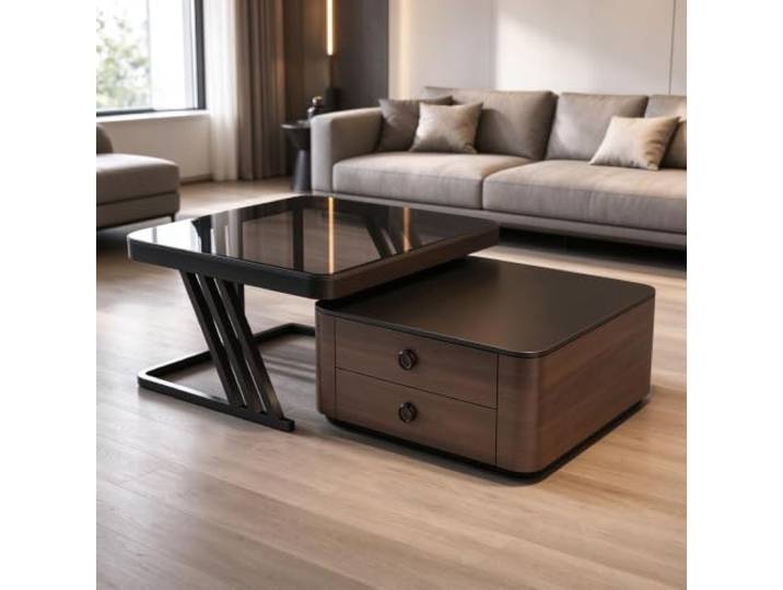 Moderner Couchtisch, Holzoptik mit Glasplatte und Stauraum Schublade Walnuss Holzoptik, gehärtete Glasplatte, Holzschublade, Nesting Design für Couchtisch und Wohnzimmertisch