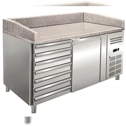 KLIMAITALIA Belüfteter Pizza-/Salattisch aus Edelstahl, 7 Schubladen, Granitplatte, digitales Thermometer, automatische Abtauung, +2°C/+8°C, Modell PZ01C