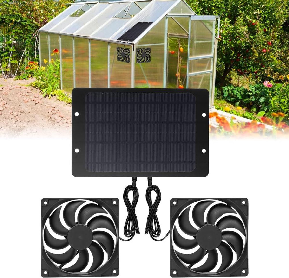 Waterdichte ventilator op zonne-energie met dubbele uitlaat en 1,2m kabel, zwart, voor broeikas en kippenhok