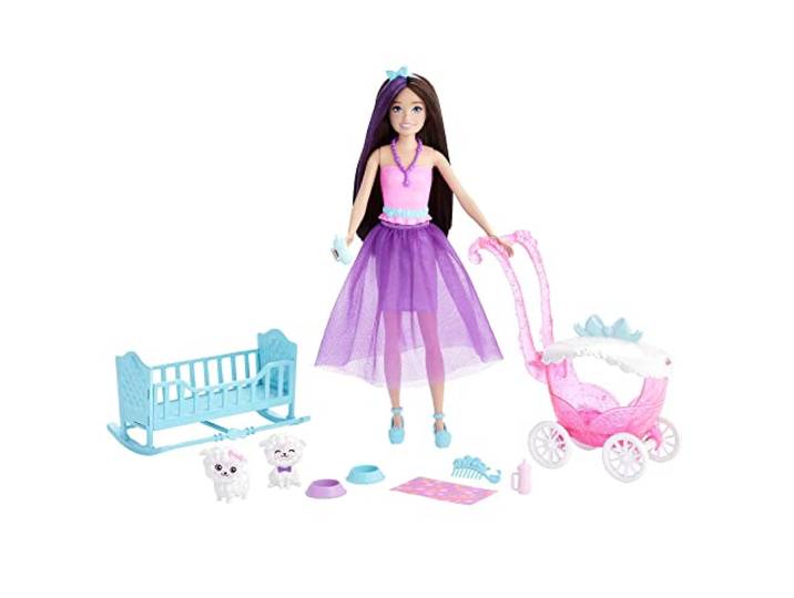 Skipper Pop en verzorgende speelset Kinderspeelgoed Brunette met fantasielook Tutu Baby lammetjes met wandelwagen, wieg en accessoires, HLC29
