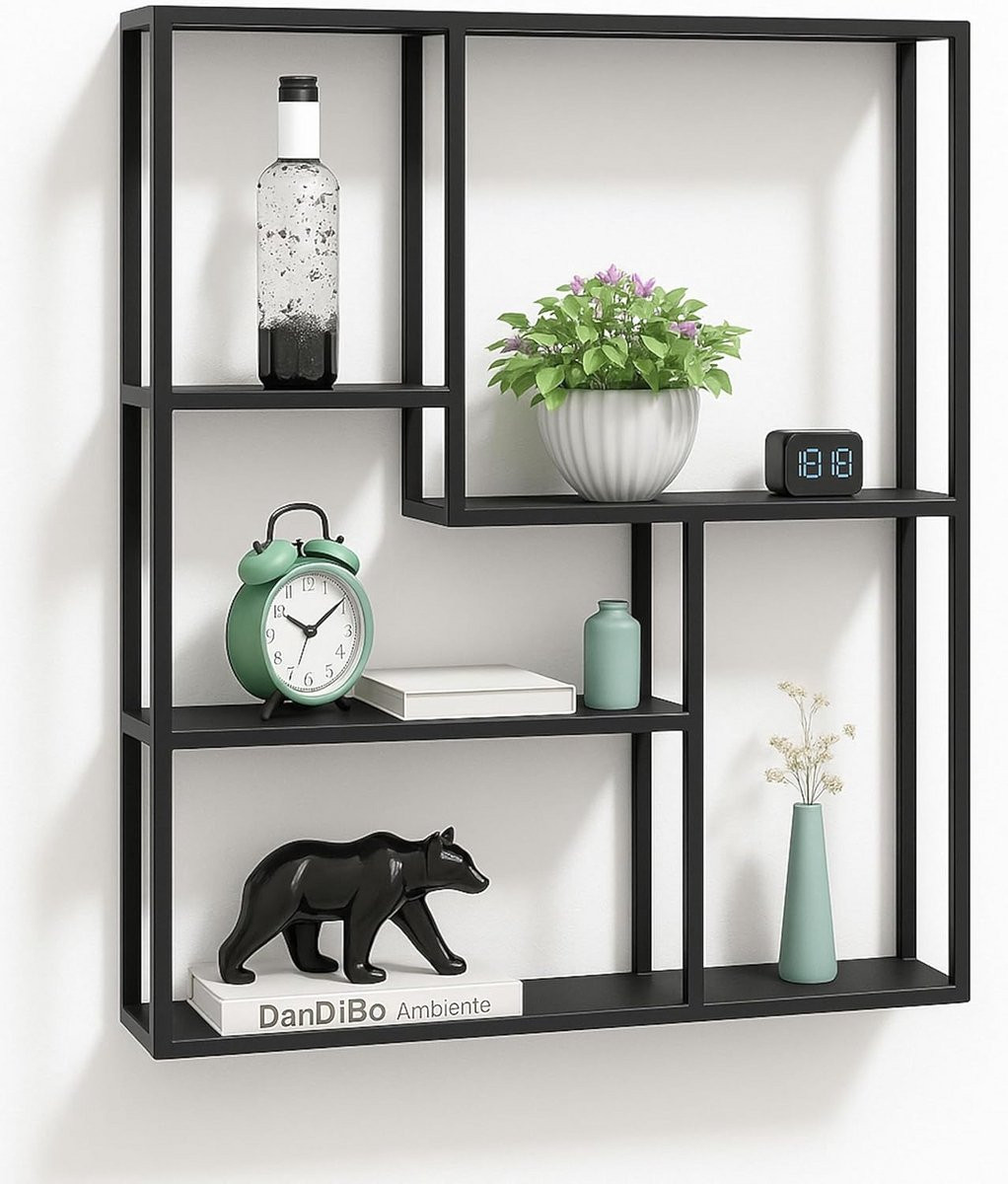 Modern Zwart Metalen Wandrek met Planken - Asymmetrisch Design