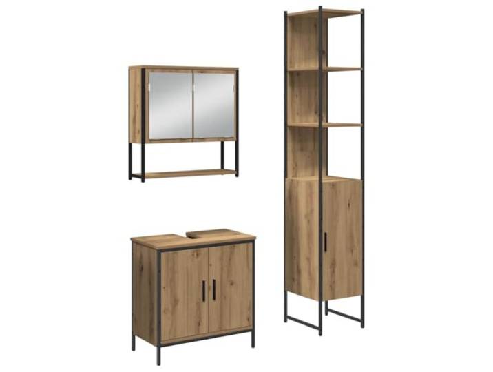 KTHLBRH Badezimmermöbel-Set 3-teilig Braun Holz Engineered Wandmontage, 7 Einlegeböden, 5 Türen, schwarze Griffe, nur zur Nutzung im Innenbereich, Montage erforderlich