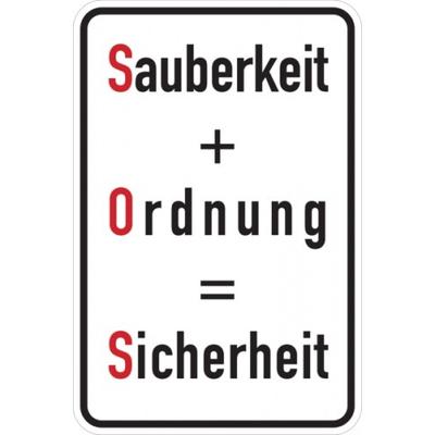 Hinweisschild, Sauberkeit + Ordnung = Sicherheit, 600x400mm, Alu geprägt - 400x600x0.6 mm Aluminium geprägt