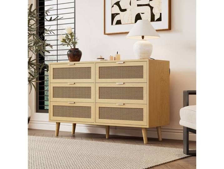 ROVRYN Commode 6 tiroirs 120 x 40 x 76 5 cm décor cannage et aspect bois
