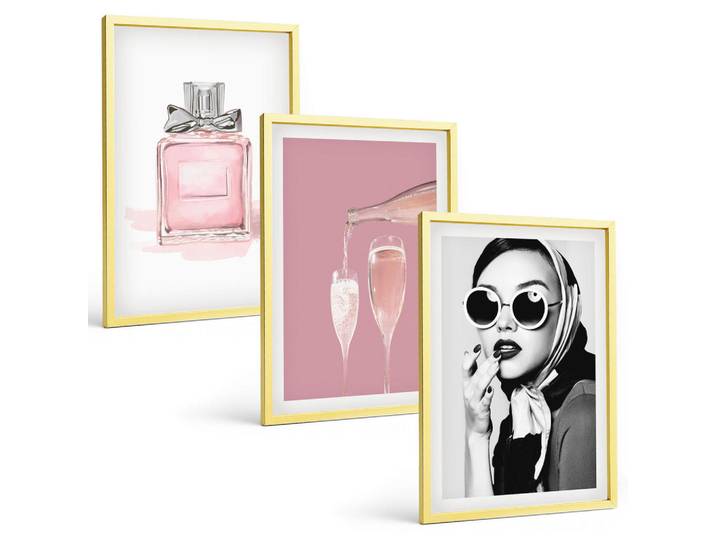 Tulup Bilder SET 3er Set - 40x60 cm Goldrahmen - Stilvolle pinkfarbene Accessoires, Goldfarben, Kunststoff, Rechteckig, 40x60 cm, Fotografie, Bilder & Rahmen, Bilder