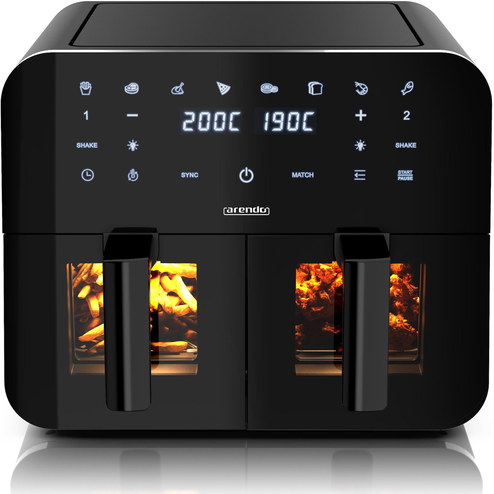 Arendo Heißluftfritteuse XXL, Doppelkammer Airfryer 9 L, Dual Zone, Sichtfenster mit Beleuchtung, 2400 W, Zubehör, Touchscreen, 3D Umluftsystem