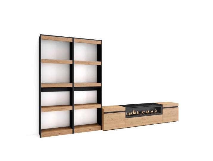 Ensemble tv effet bois de chêne noir 320x35x186cm cheminée effet feu