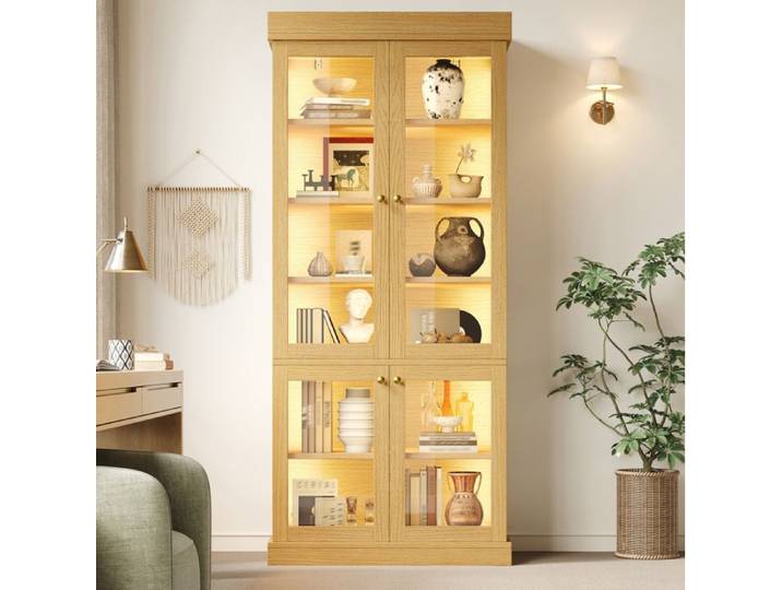 Vitrine Haute 80×40×180 cm 4 Portes Vitrées LED et Étagères réglables - BEAUNIV - Bois naturel Salon
