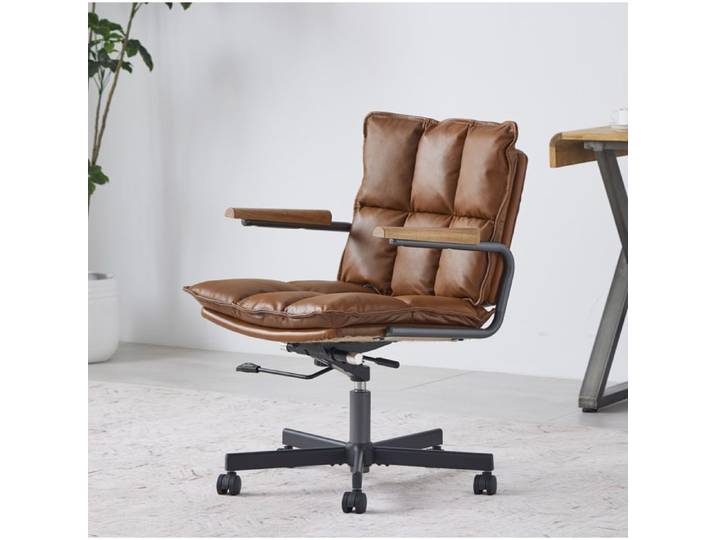 WUVRIE Fauteuil de bureau en cuir marron réglable en hauteur pivotant 360° à roulettes