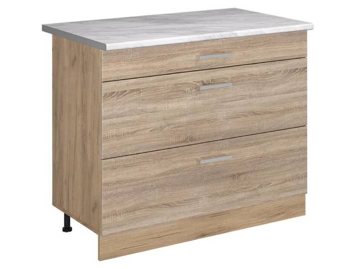 Küchenunterschrank Vicco R-Line Sonoma/Goldkraft Eiche 100 cm Arbeitsplatte Marmor, Model 71650