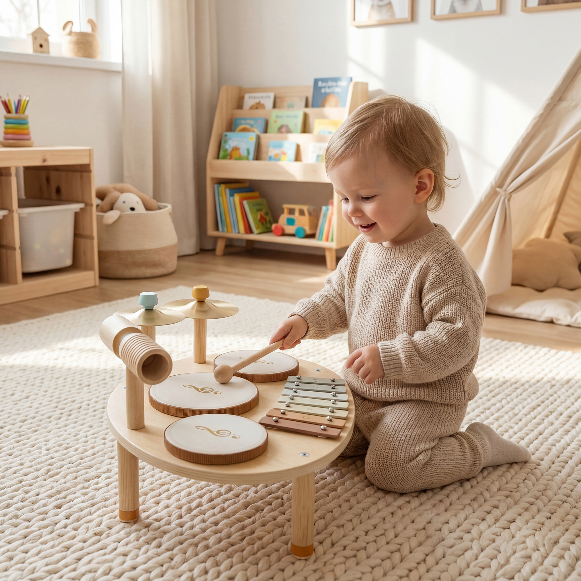 Aiyaplay Set di Strumenti Musicali per Bambini da 2+ Anni con Tamburi e Xilofono, Colore Legno   Aosom Italy